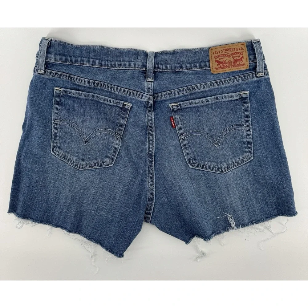 Levi's 414 Women's High Rise Cut Off Blue Denim Shorts Relaxed Straight Size 28W